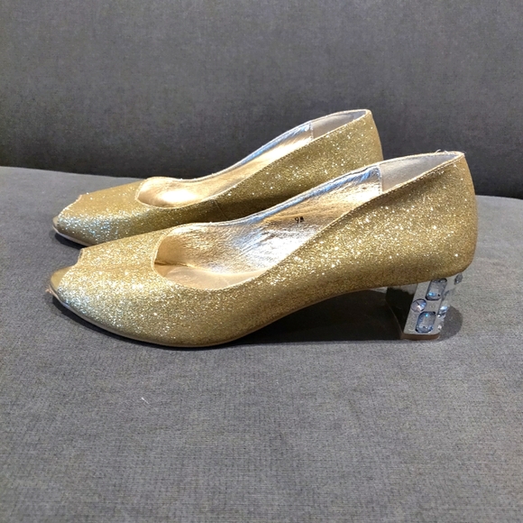 Gold Sparkling Open Toe Embellished Heels - Picture 2 of 7